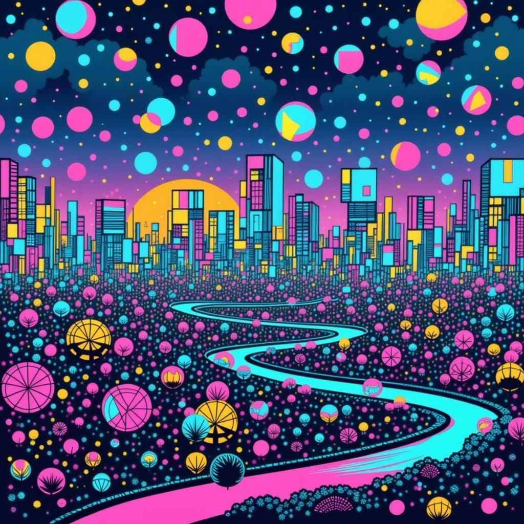 Cosmic Resort Garden with Winding River and Psychedelic Art