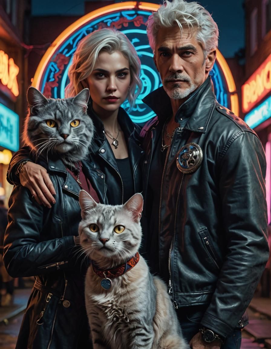 Vampire, Cat, and Boy Under Neon Sign