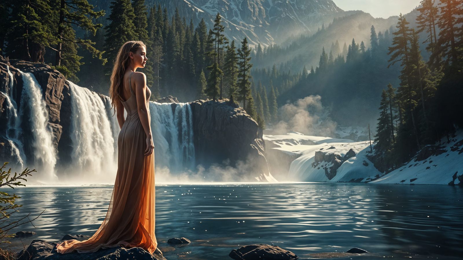Young Woman at Waterfall Edge in Photorealistic Style