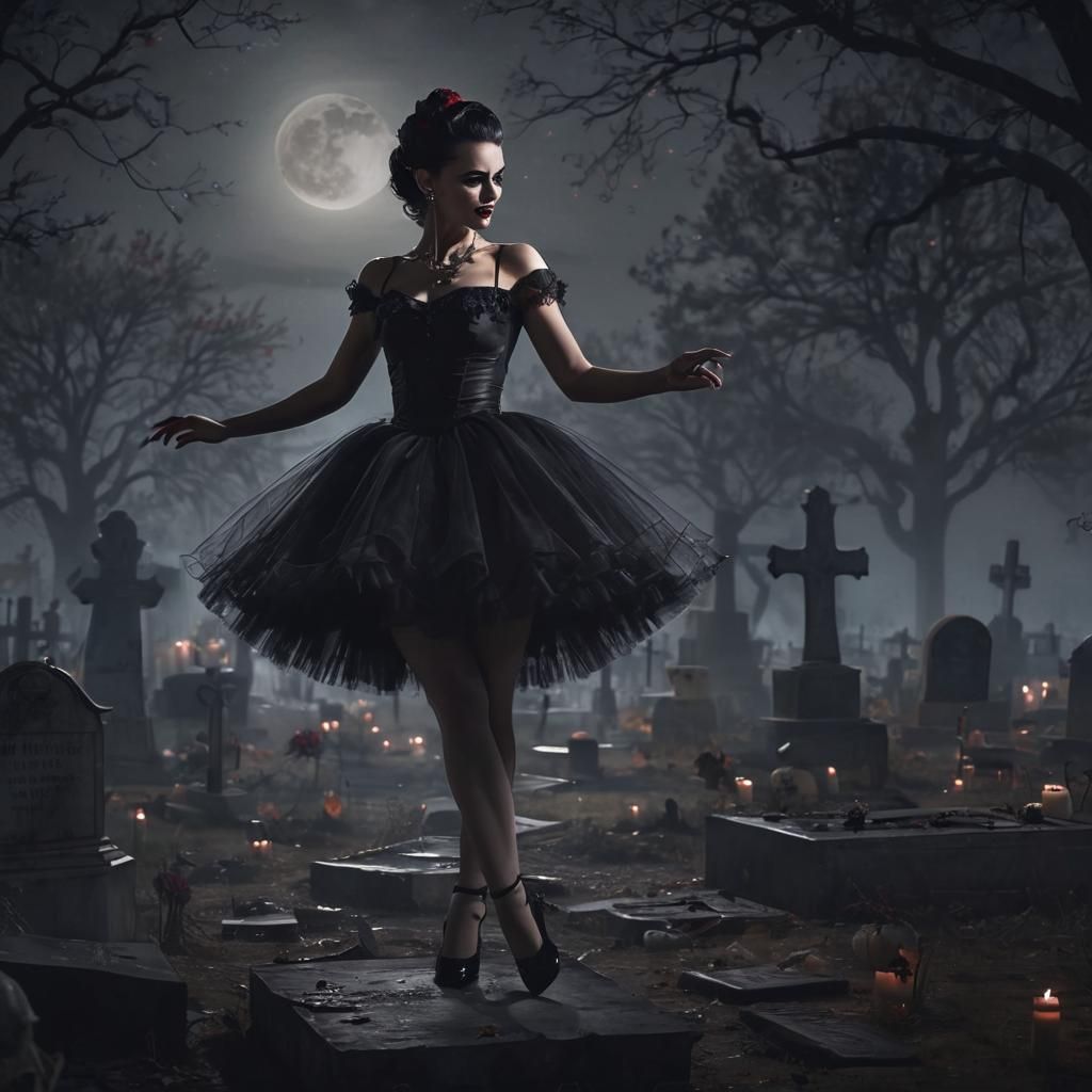 Rockabilly Vampire Ballerina Dancing in Cemetery