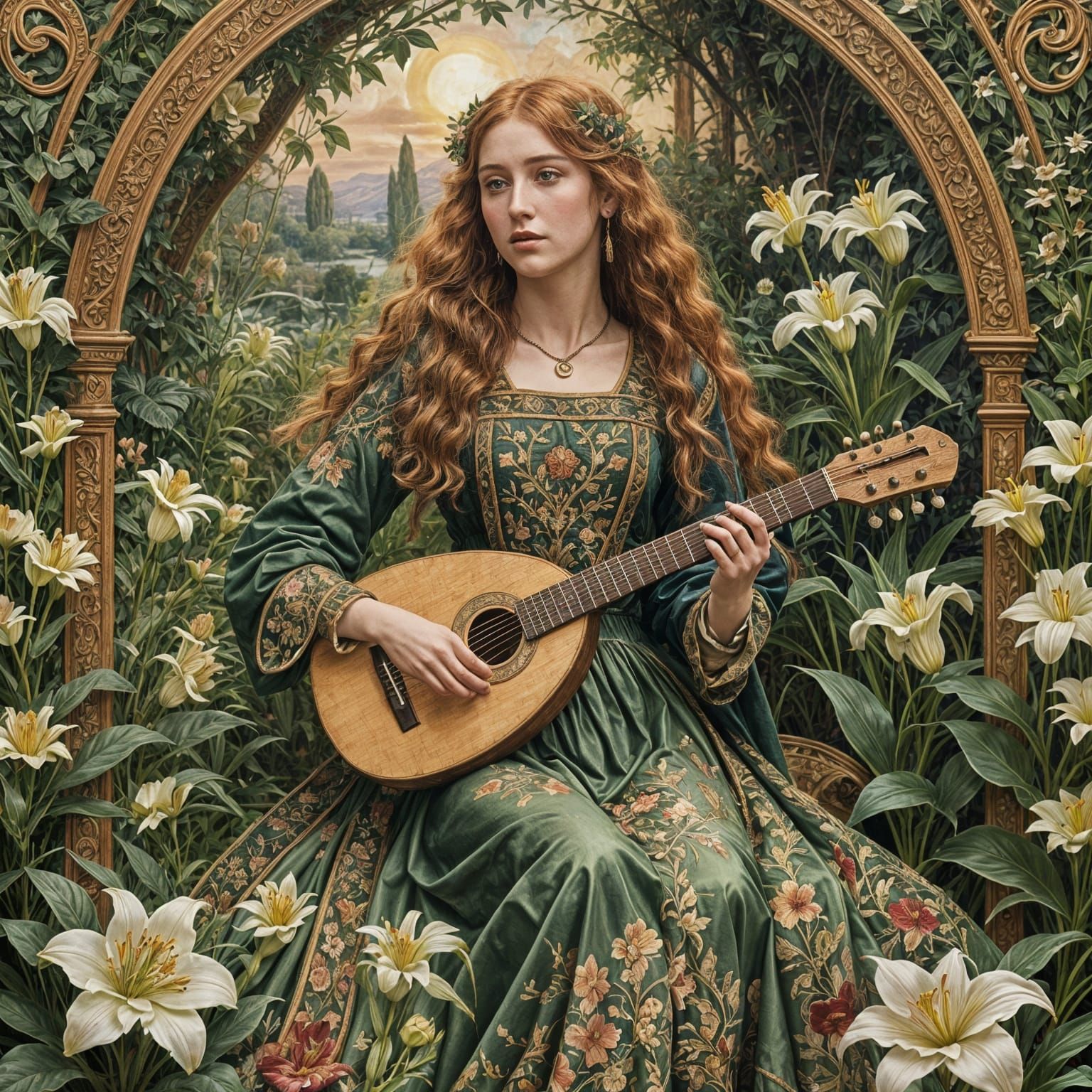 Woman with Lute in Pre-Raphaelite Style