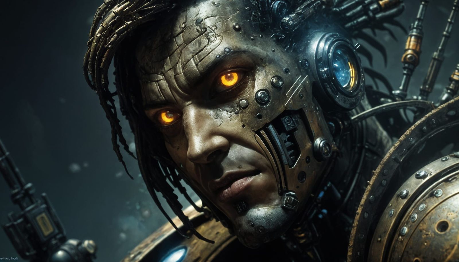 Biopunk Cyborg with Retrofuturistic Background in 8K