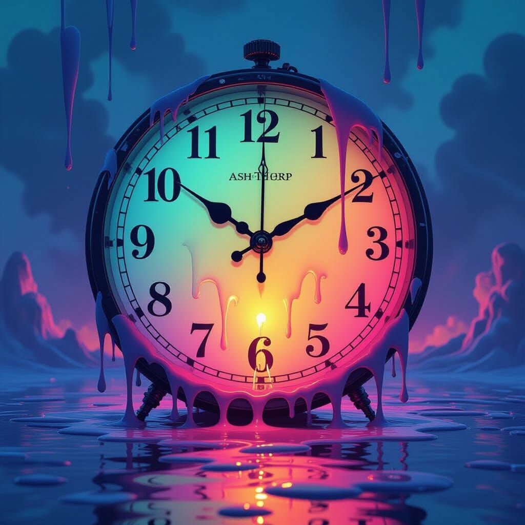 Melting Clock in Bioluminescent Dreamscape