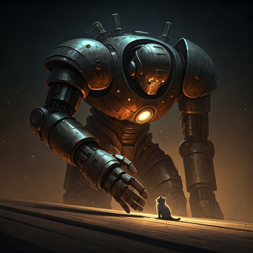 Giant Robot Pats Tiny Kitten: Sci-Fi Whimsy