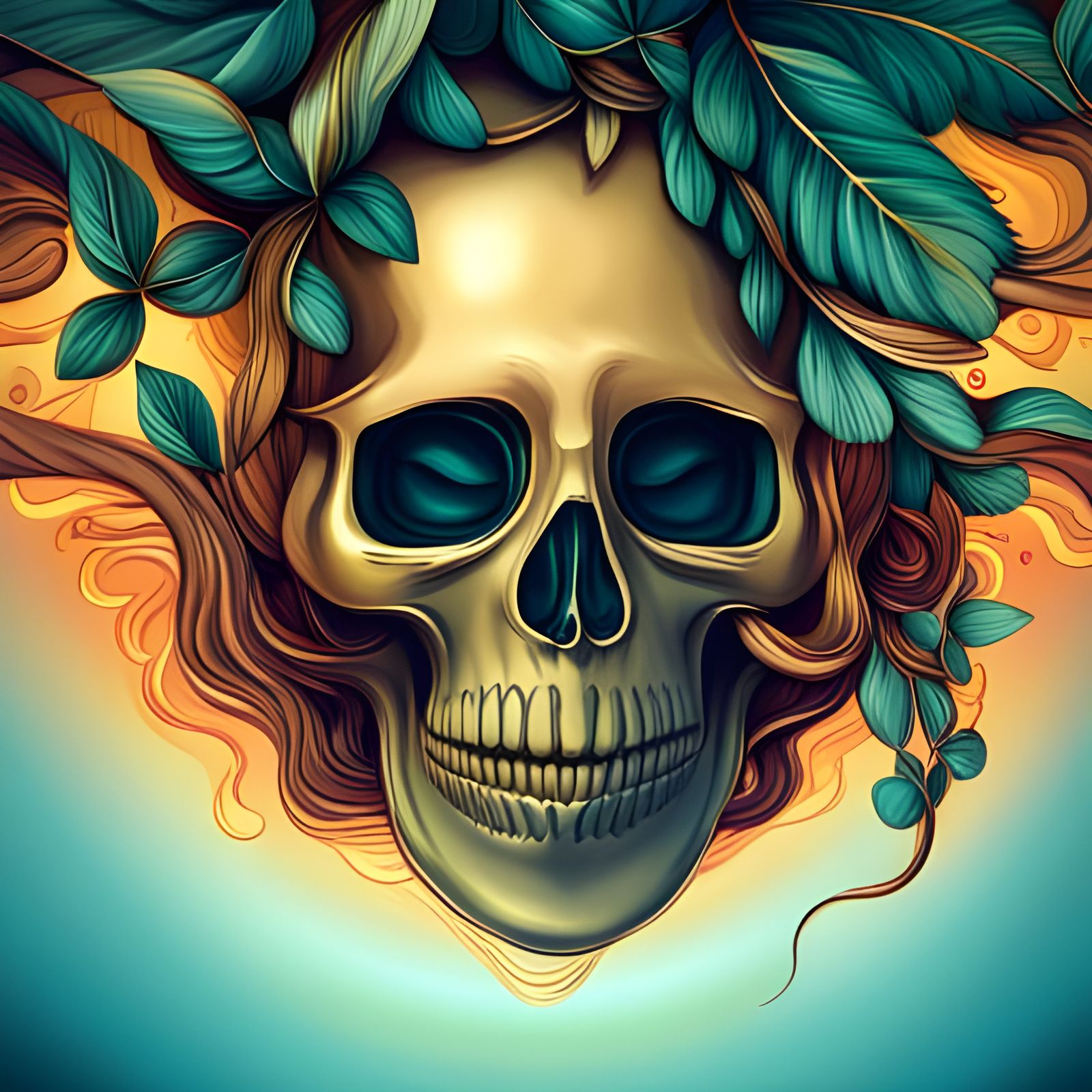 Golden Skull Wrapped in Vines: Hyperrealistic Close-Up