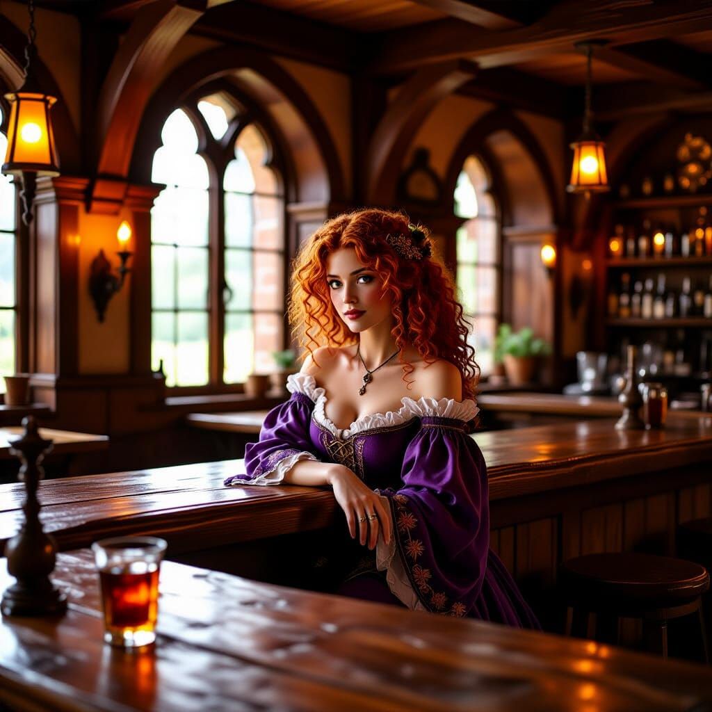 Medieval Tavern Interior with Figure in Violet