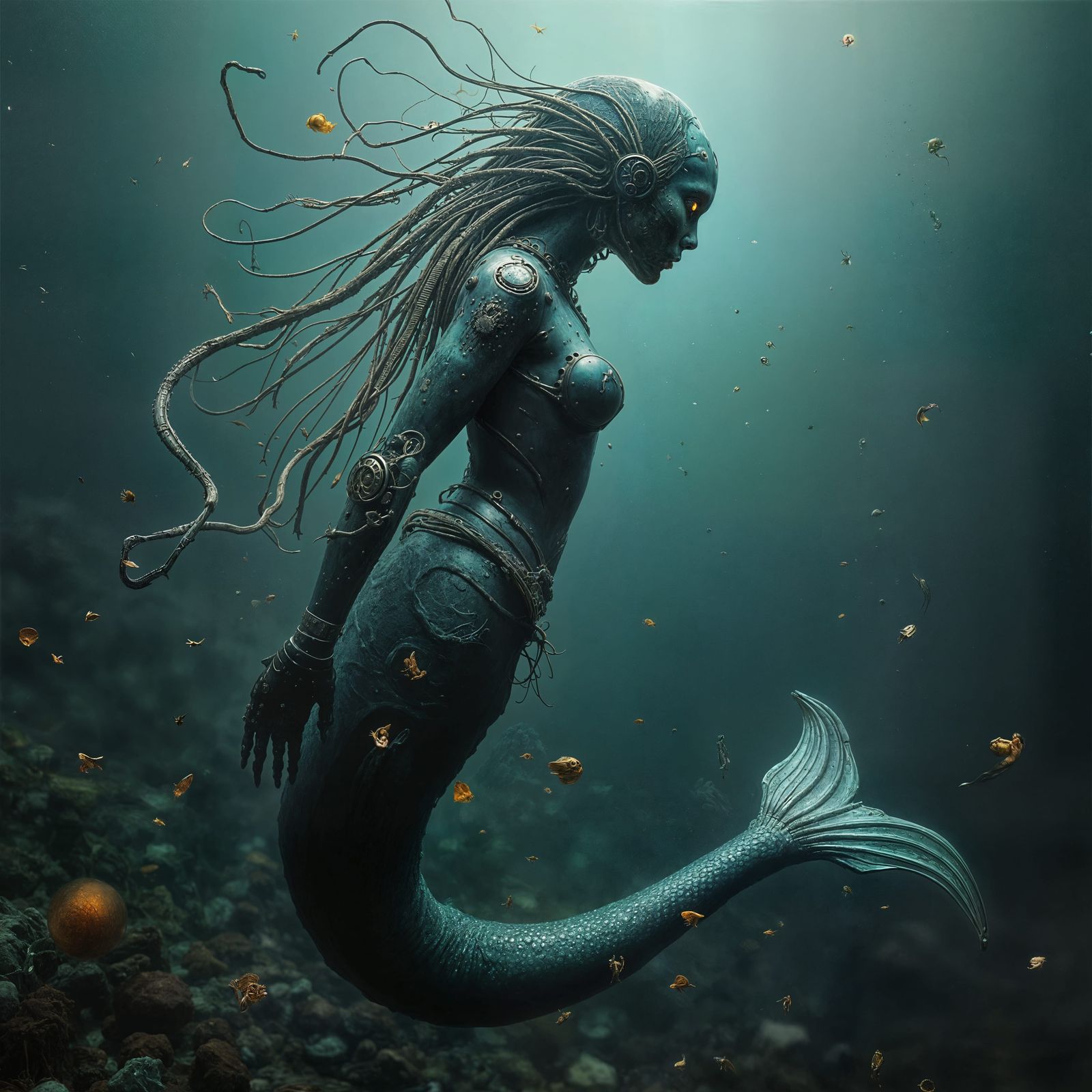 Futuristic Biomechanical Mermaid in Dystopian Ocean