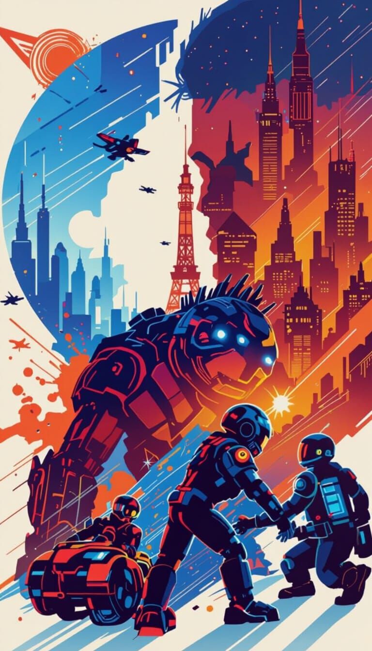 Robot Battles Giant Monster in Cyberpunk Cityscape