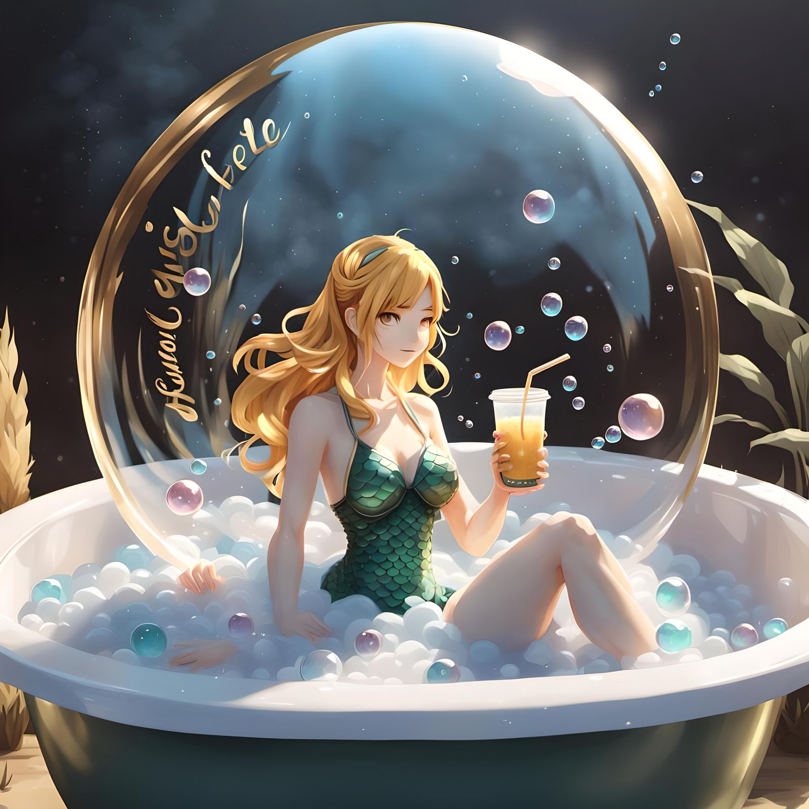 Mermaid with bubble tea in bubble bath