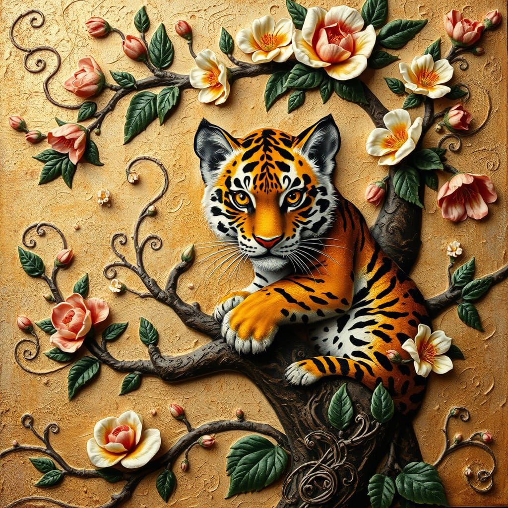 Golden-Eyed Tiger Cub in Embossed Relief on Art Nouveau-Insp...