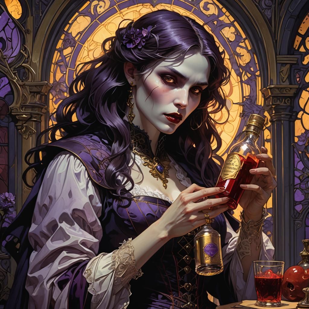 Vampire Examines Blood Label in Art Nouveau Style