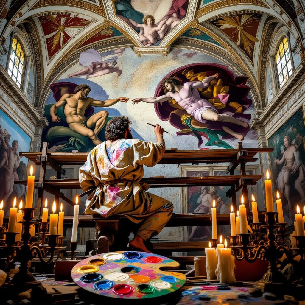 Michelangelo Painting Sistine Chapel Ceiling with Candles