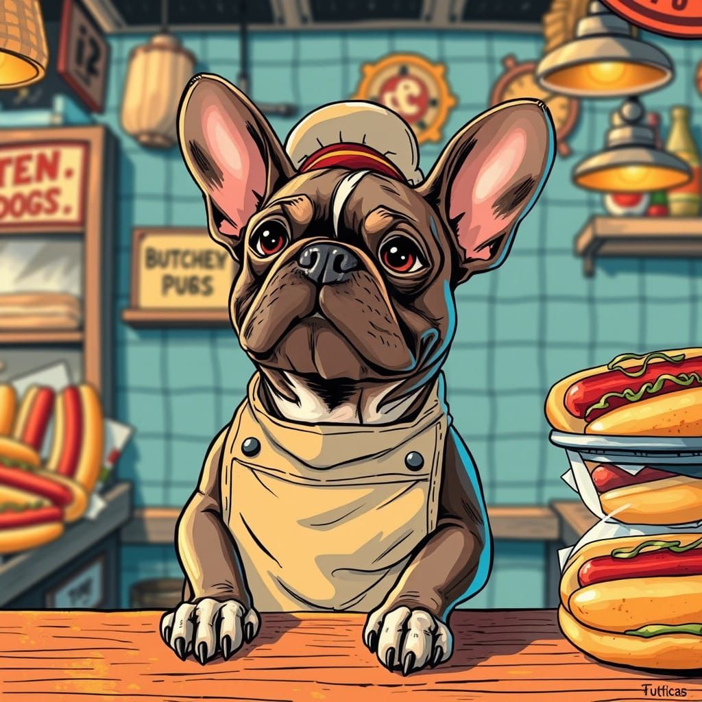 Steampunk French Bulldog Sells Hotdogs in a Comic Book Butch...
