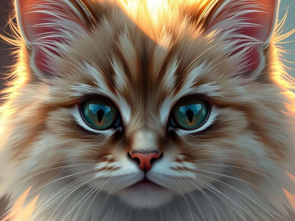 Majestic Fluffy Cat with Shimmering Fur in Dreamy Illustrati...
