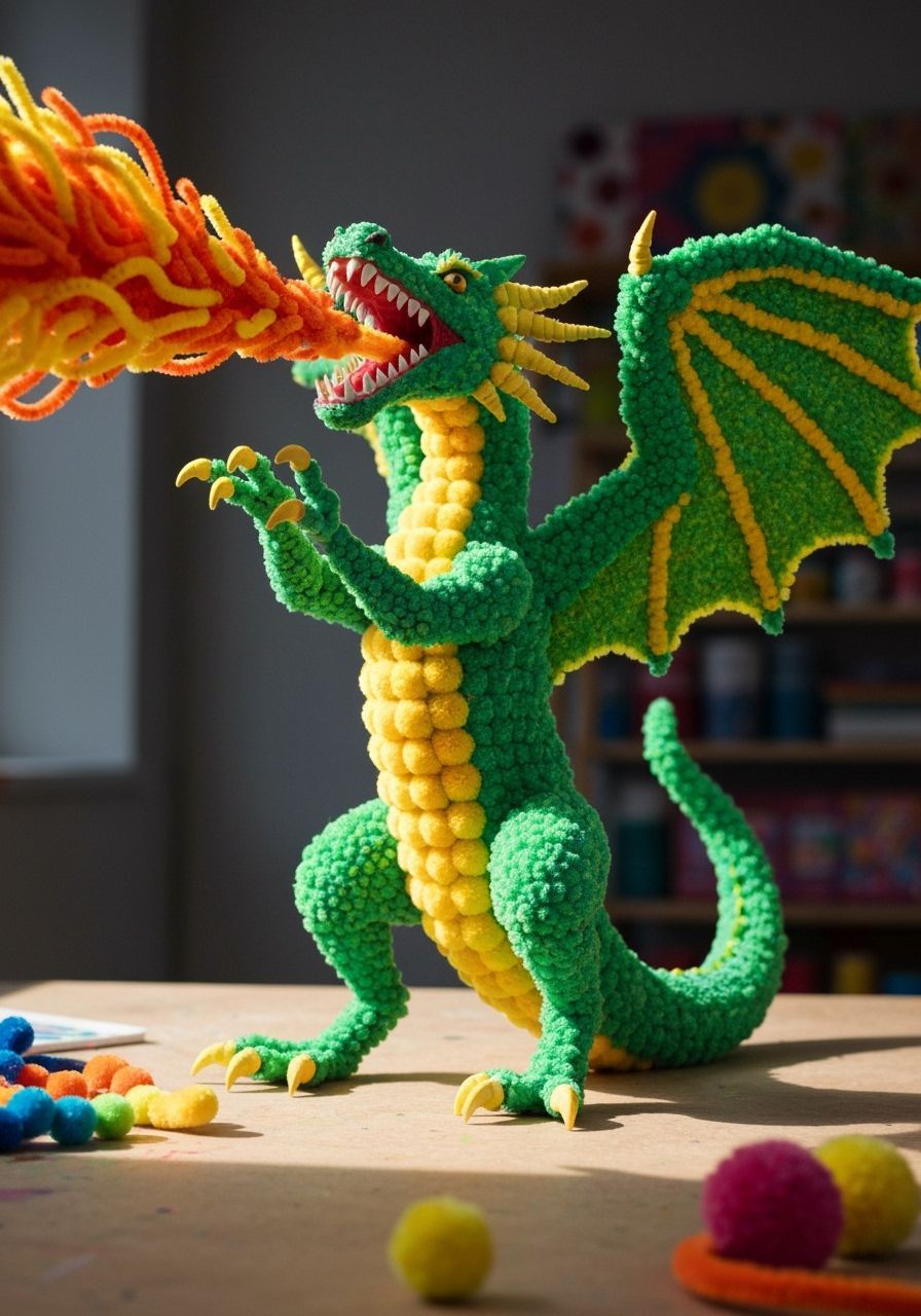 Fluffy Pom Pom Dragon Sculpture Breathes Pipe Cleaner Fire
