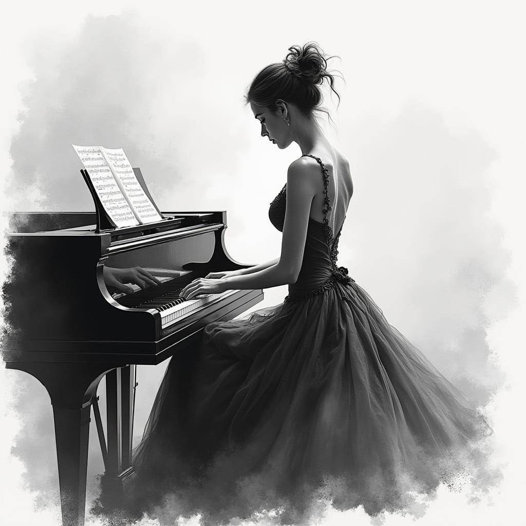 Pianist in Black and White Watercolor Style