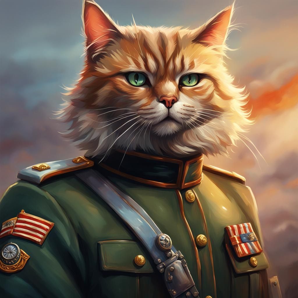 Hyperrealistic Cat General Oversees Cat War