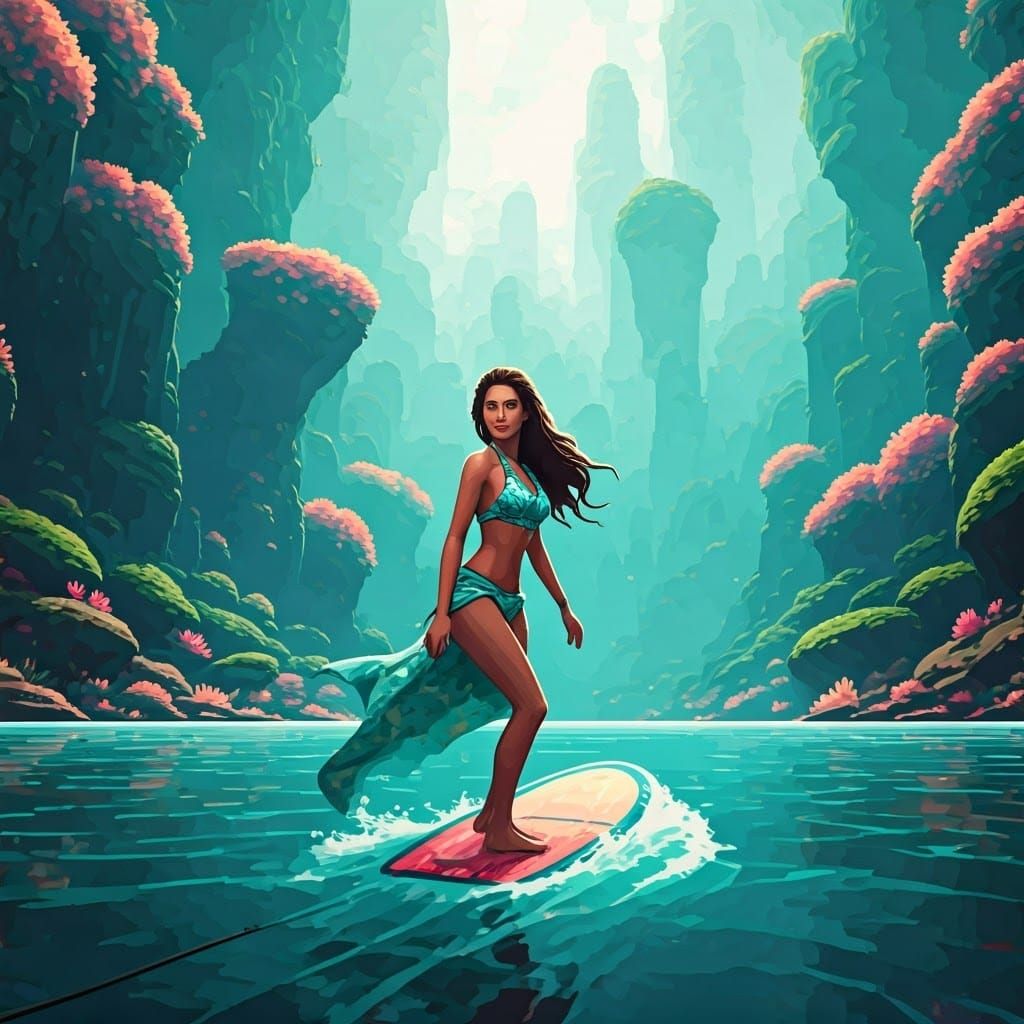 Woman Surfing in Vibrant Pixel Art Style