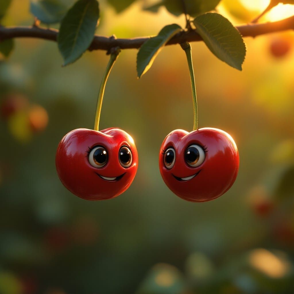 Whimsical Cherries in a Sunlit Orchard