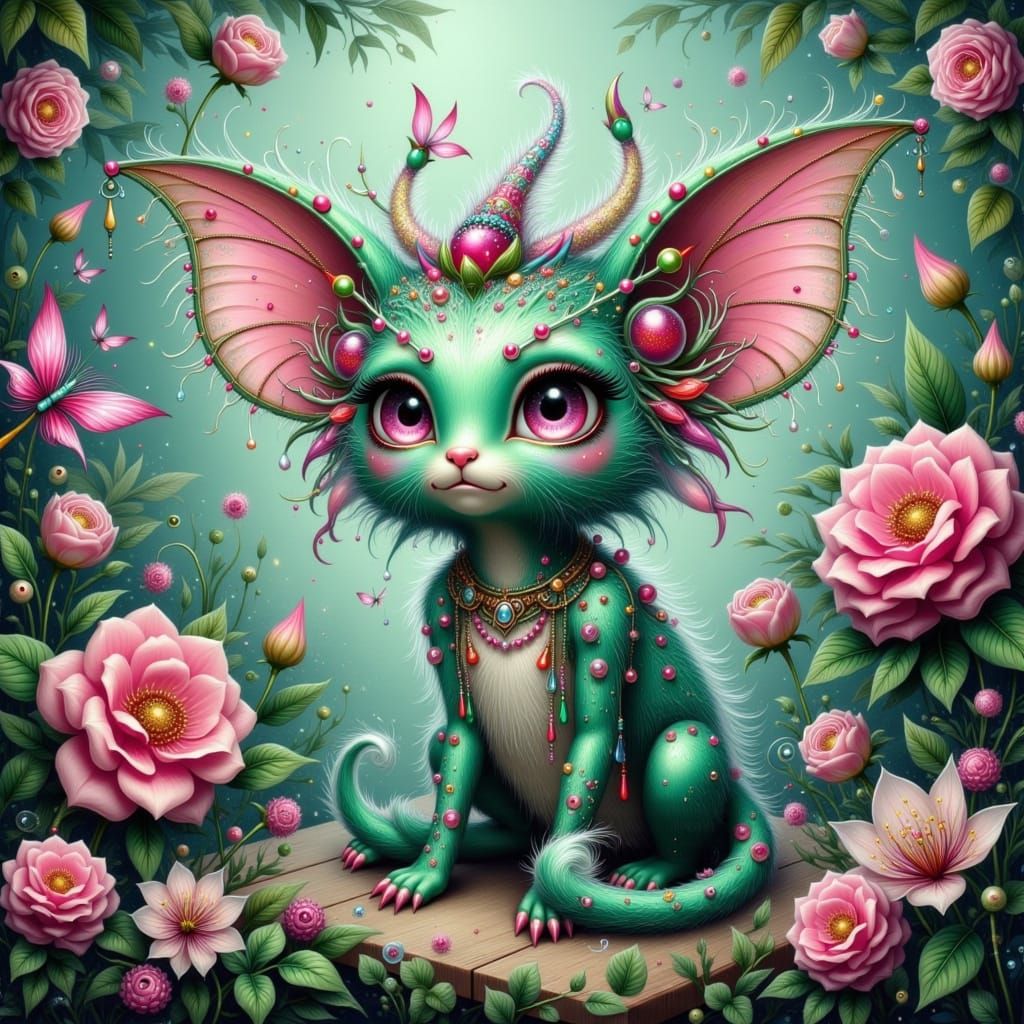 Enchanted Gingham Fae Monster in Whimsical Landscape