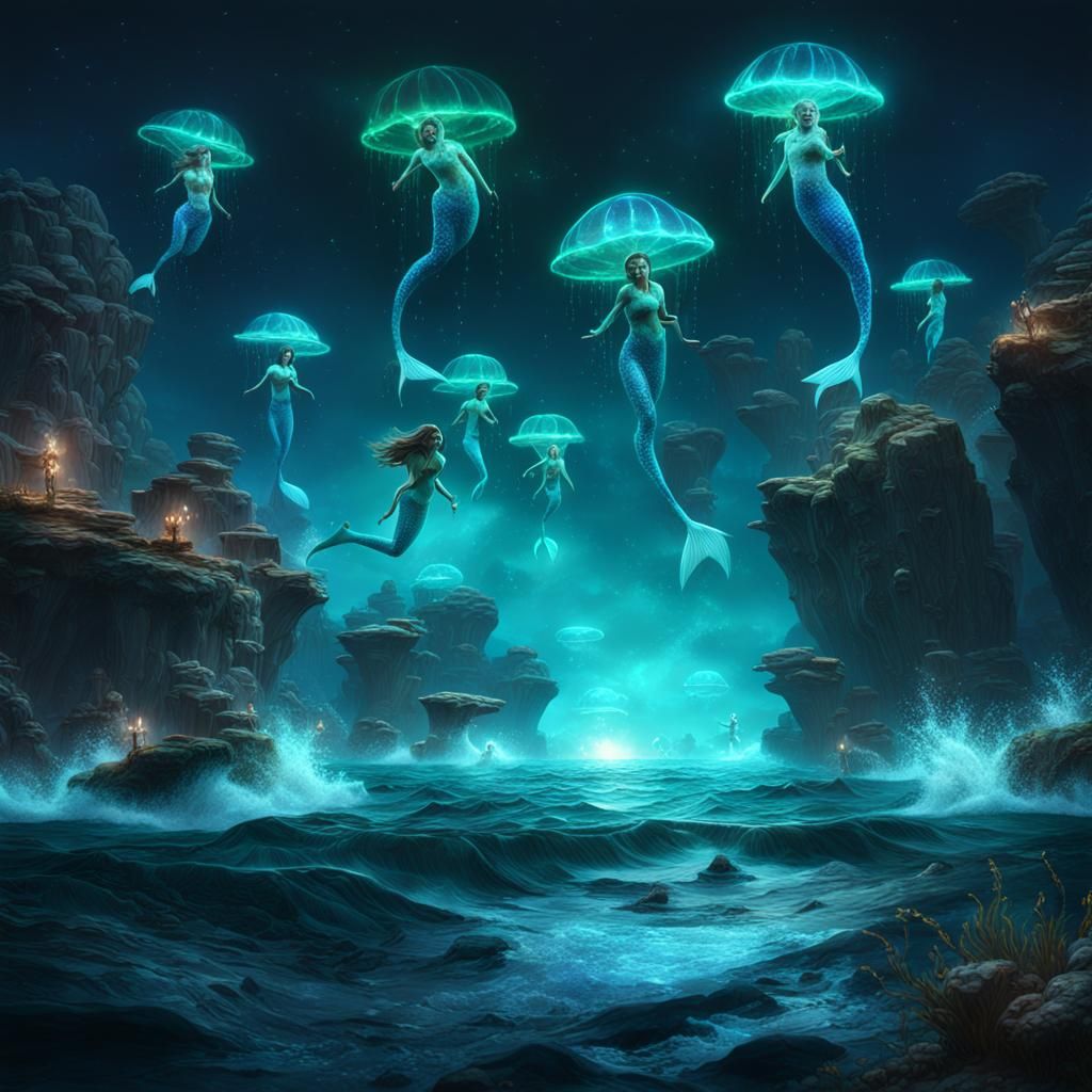 Bioluminescent Mermaids in a Fantastical Ocean