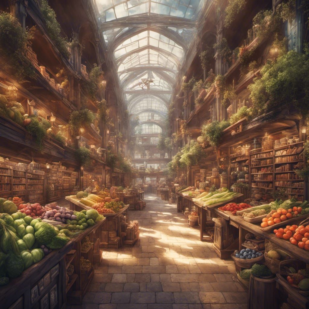 Illustrate a farmers market within a massive, sentient library, where books and produce coexist in harmony