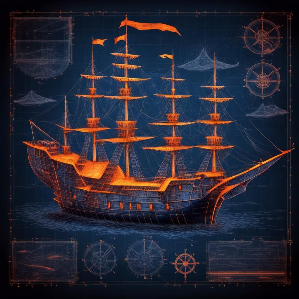 Pirate Ship Blueprint Design Sketch in Grunge Style
