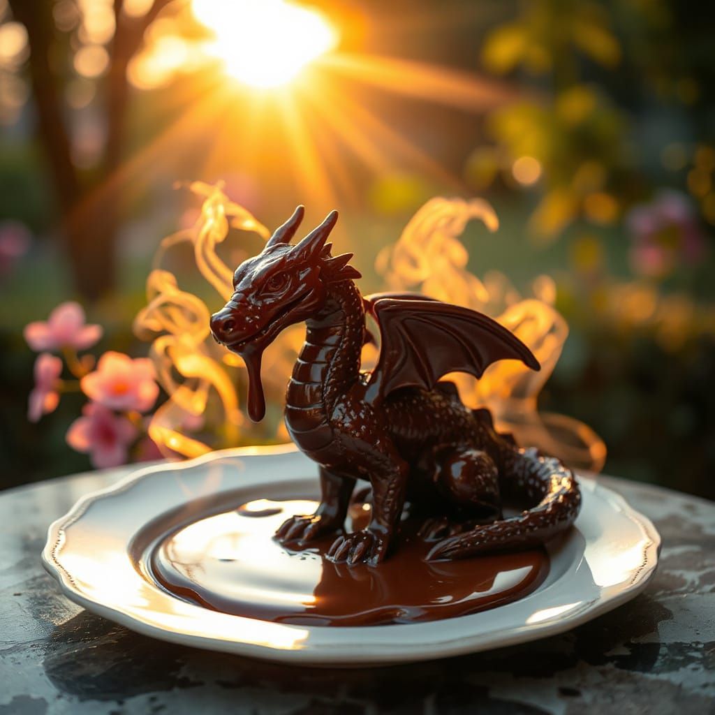Melting Chocolate Dragon in Surreal Landscape