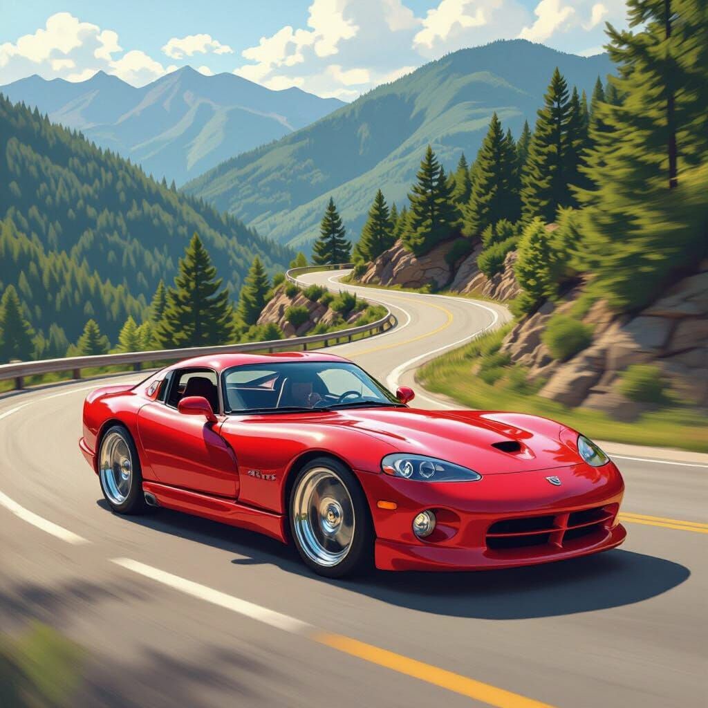 Red Dodge Viper GTS Drifting on Mountain Road