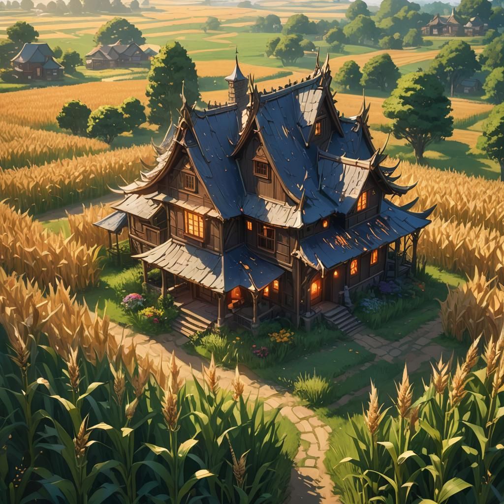 Enchanted House Beside Cornfield: Anime-Inspired Concept Art