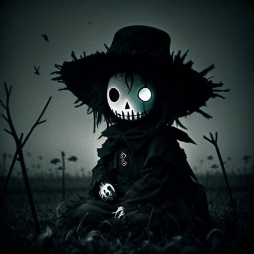 Eerie Baby Scarecrow in Dark Abstract Tim Burton Style
