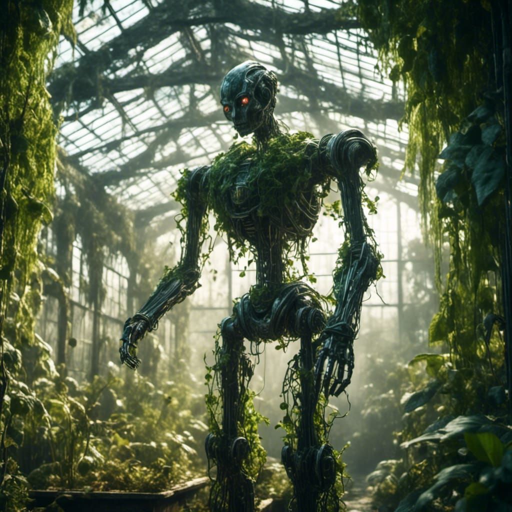 Macabre Vine Robot in Botanical Greenhouse