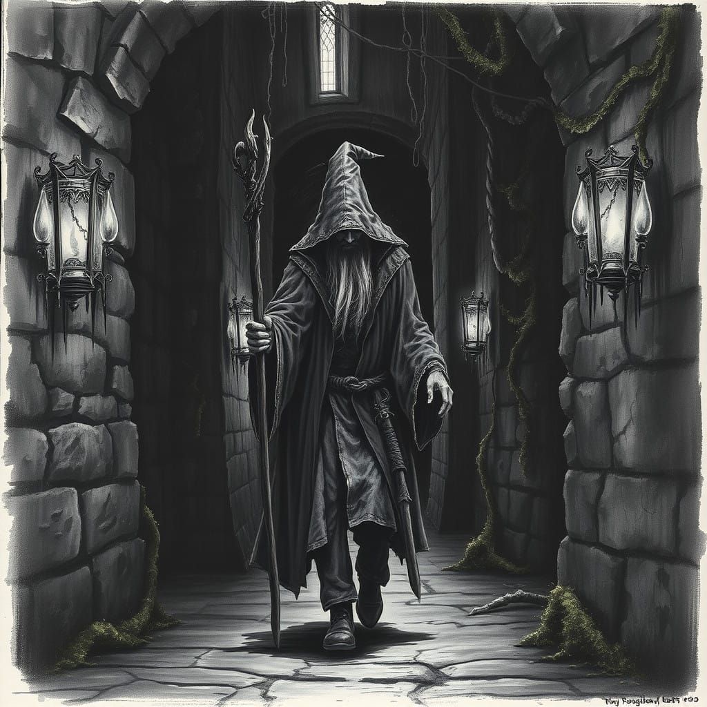 Gothic Wizard Amidst Dark Alleyway