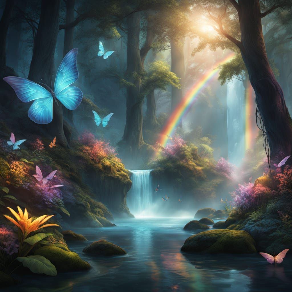 Enchanted Rainbow Forest With Crystal Light Butterflies