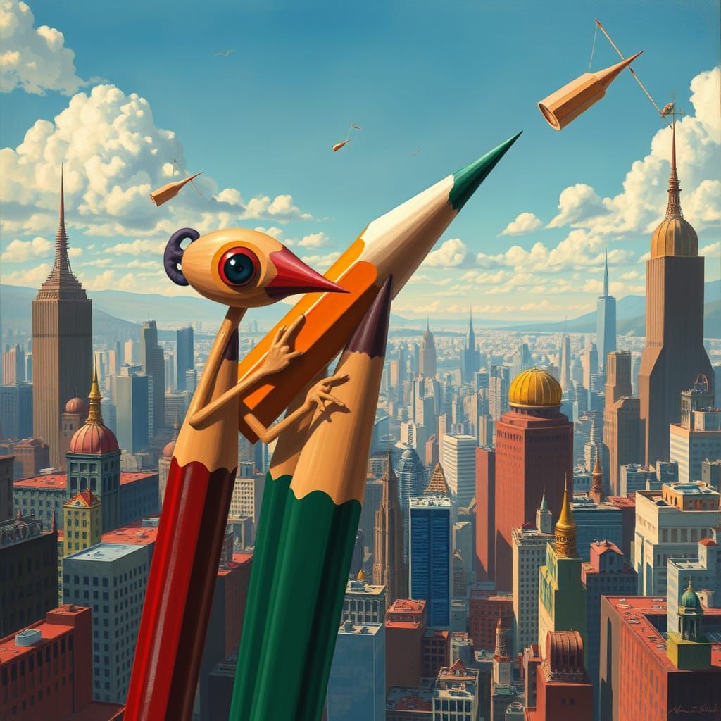 Sentient Pencils Reshape Cityscape in Surrealist Style