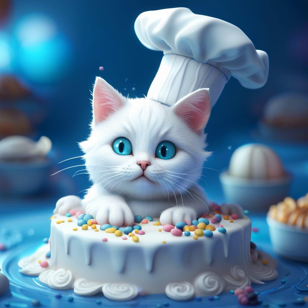 Chef Cat Decorates Cake: Detailed Matte Painting