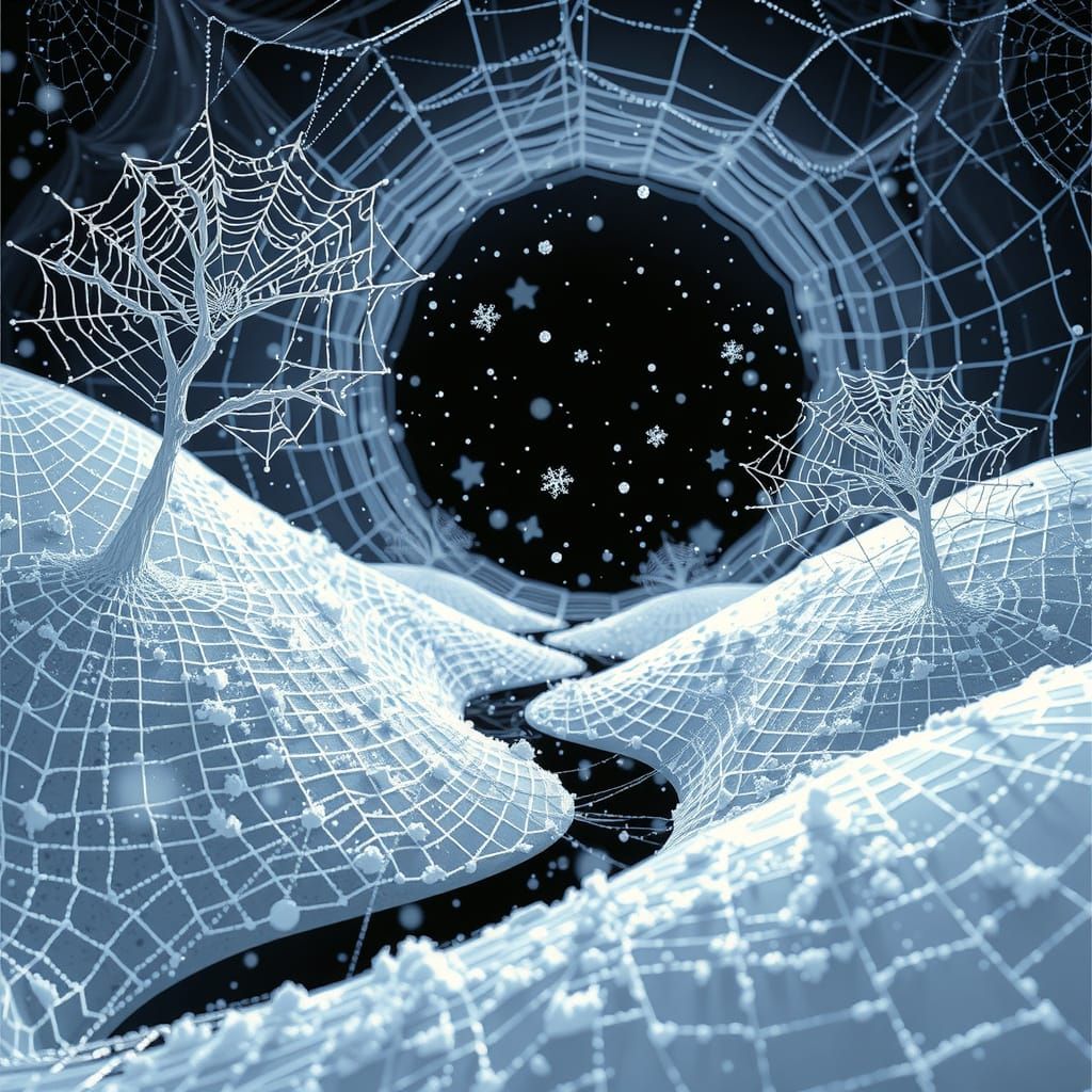 Spiderweb Landscape with Snowfall and Glistening Dew