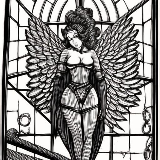 Winged Monster Girl in Prison: Detailed Ink Drawing