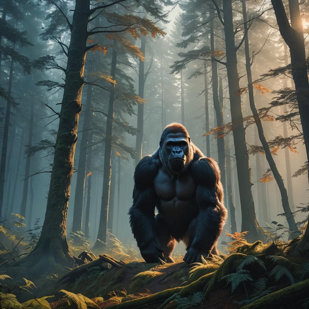 Gorilla-Goat Hybrid in Misty Forest: Fantasy Concept Art