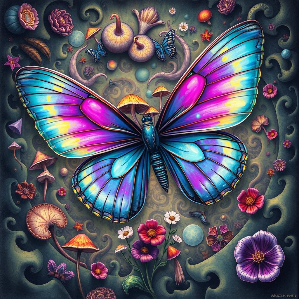 a surreal abstract detailed butterfly with mushrooms and flo...