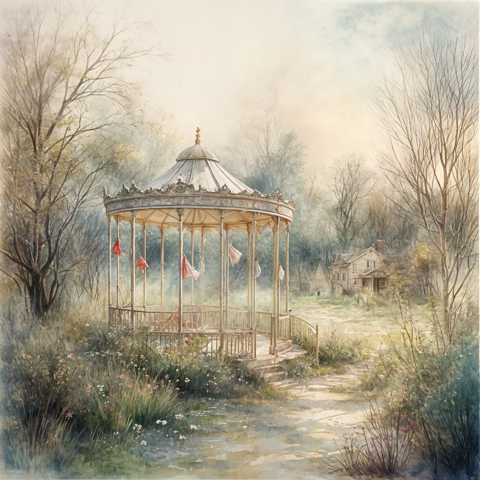 Abandoned Merry-Go-Round in a War-Torn Landscape