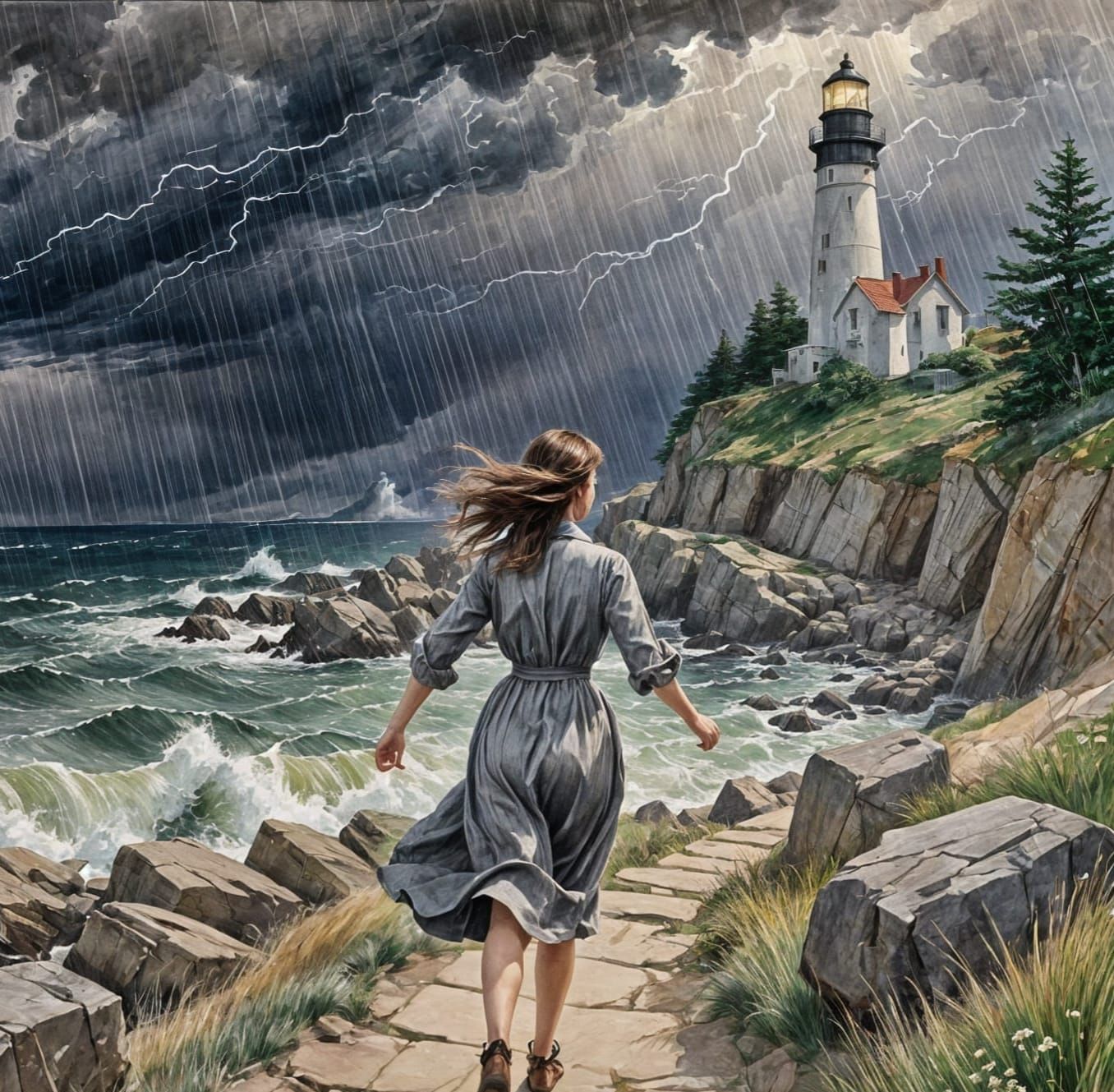 Stormy Lighthouse: A Watercolor Painting
