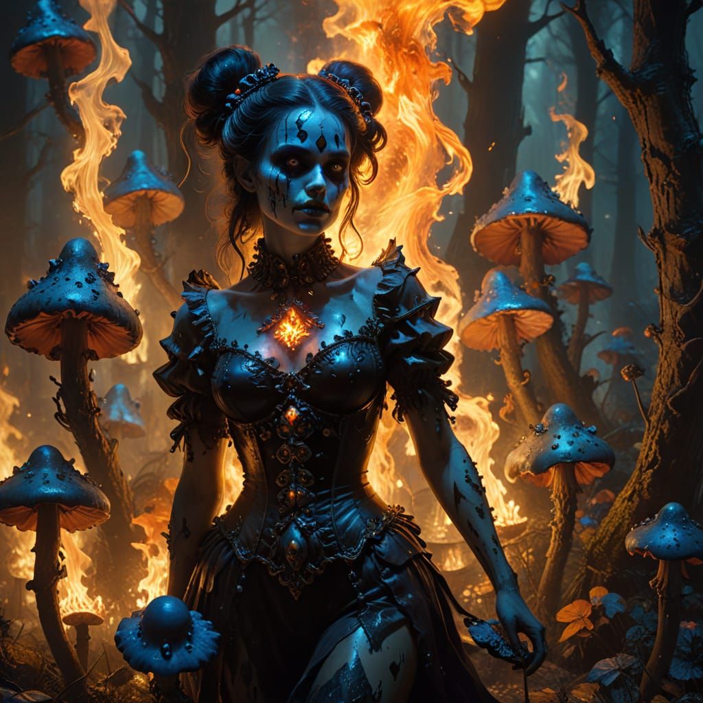 Sinister Harlequin Juggling Skulls in Bioluminescent Forest