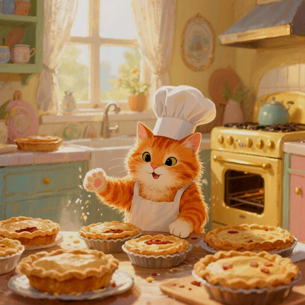Cute Orange Cat Baking Pies in Retro Kitchen