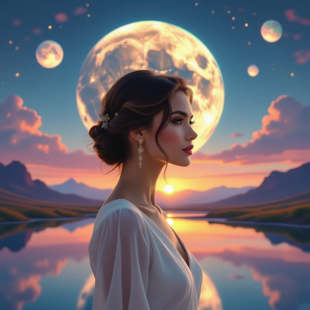 Surreal Woman Portrait with Alien Planet Double Exposure