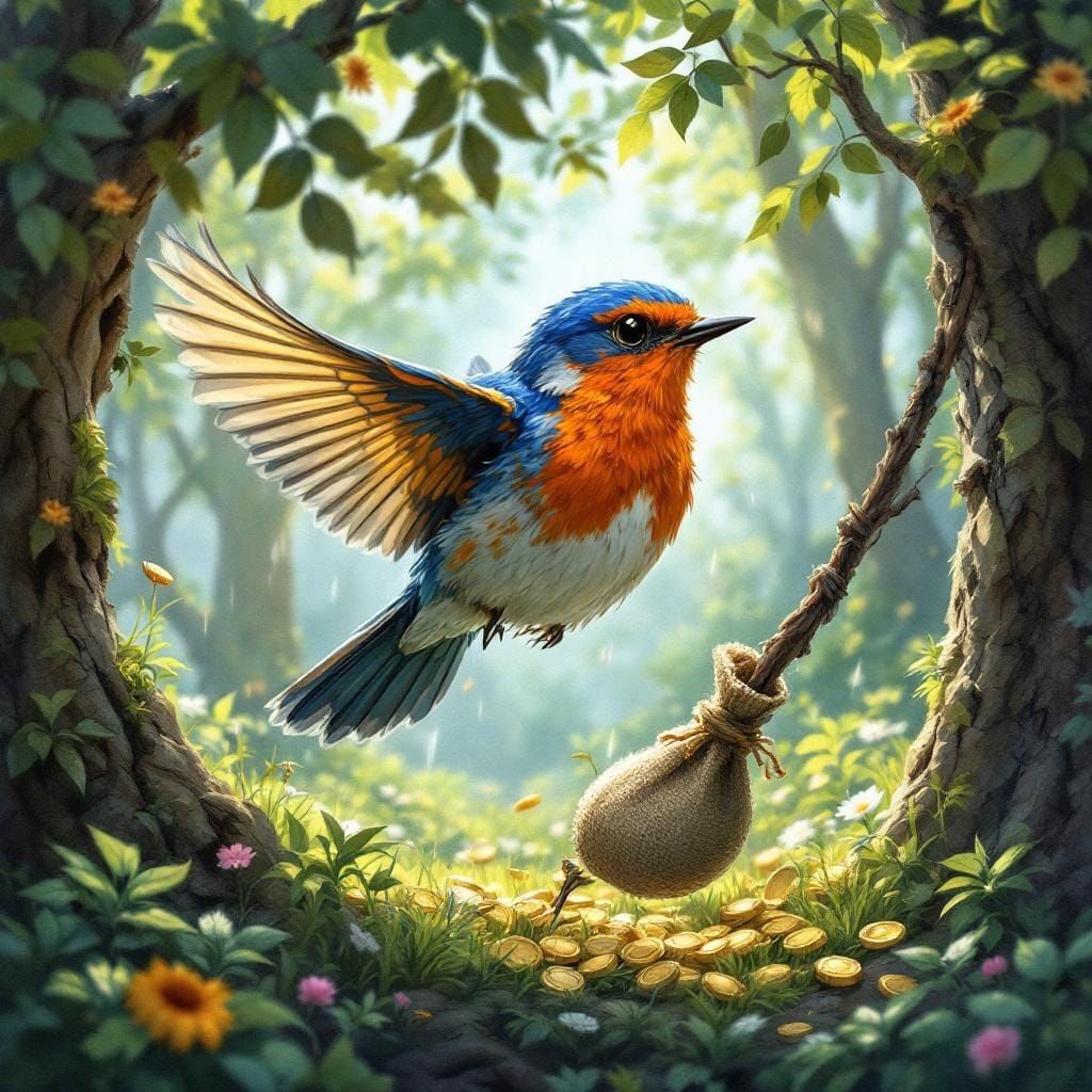 Robin Hood Robin in Windy Forest Illustration