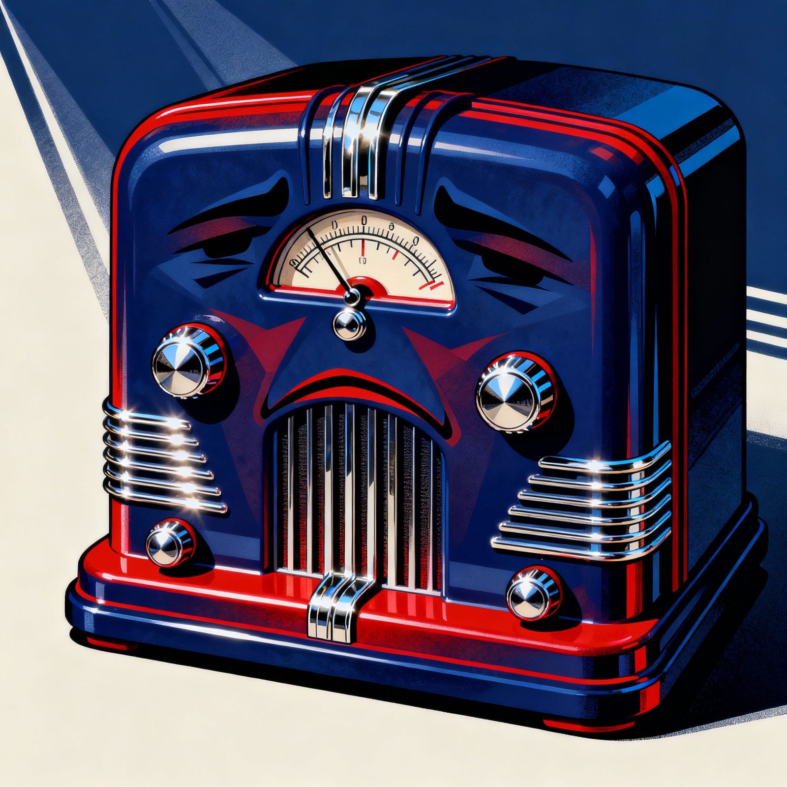 Vintage Radio Frowning with Sad Songs, Art Deco Style