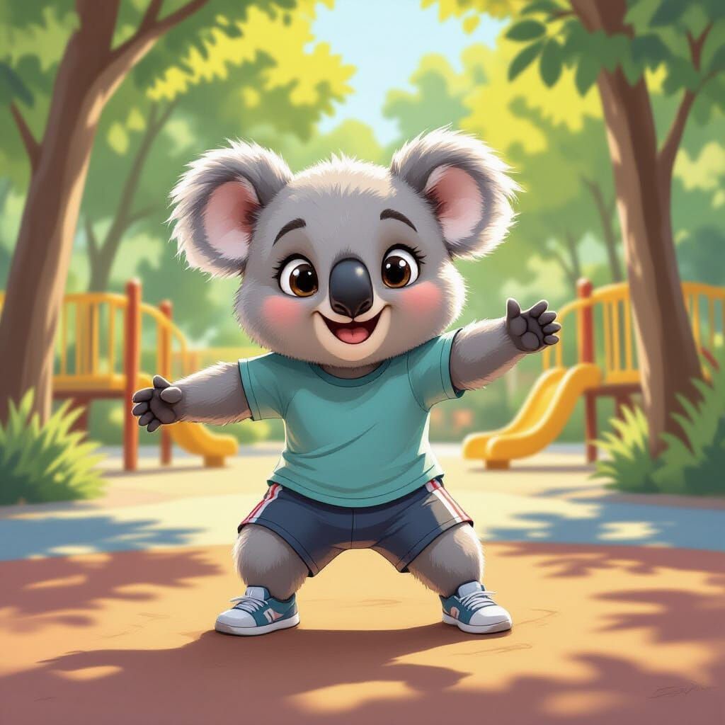 Fluffy Koala Plays Tag on Sunny Playground in Digital Art St...
