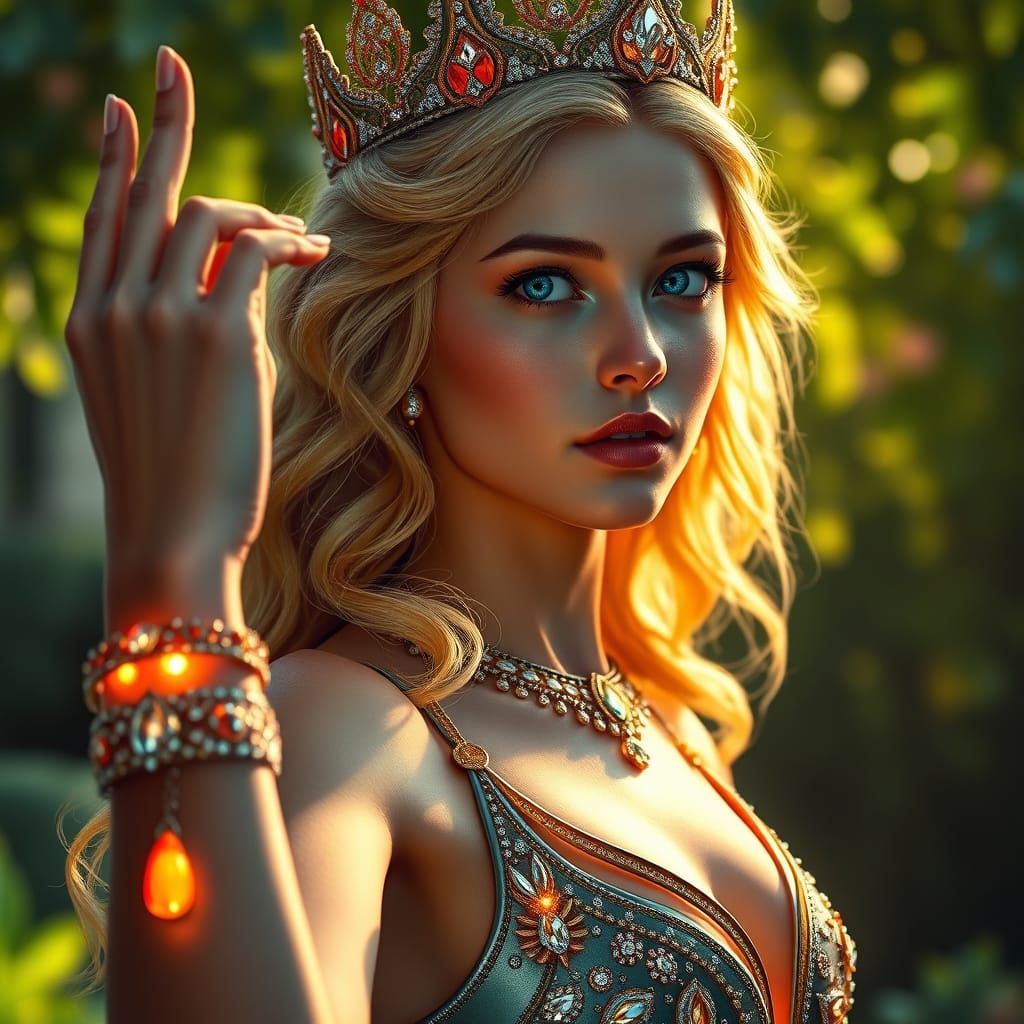 Golden Noblewoman in Vibrant Jeweled Attire, Radiant with In...