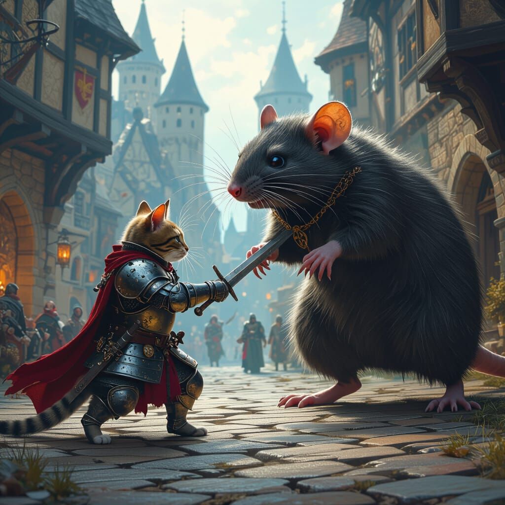 Cat Knight Battles Giant Rat in Fantasy Medieval Art